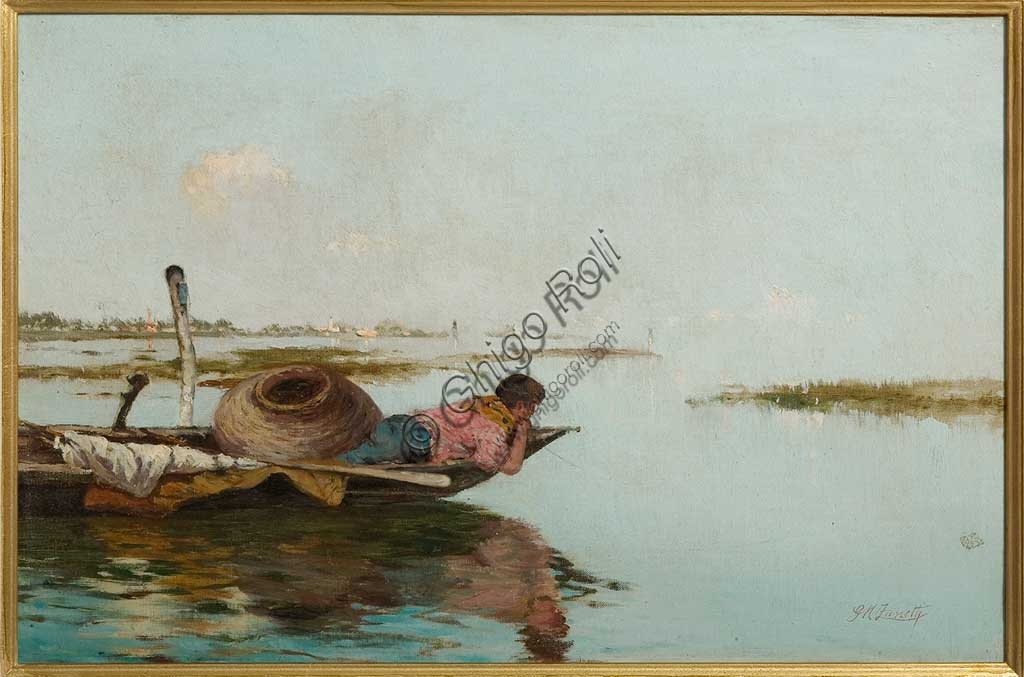 Dipinto olio su tela Calma. Laguna veneta di Giuseppe Miti Zanetti, panorama della laguna veneta