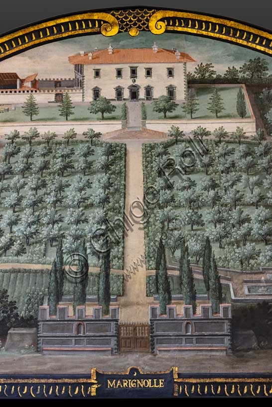 Particolare della lunetta Marignolle di Giusto Utens con veduta aerea della villa Medicea nelle colline di Firenze