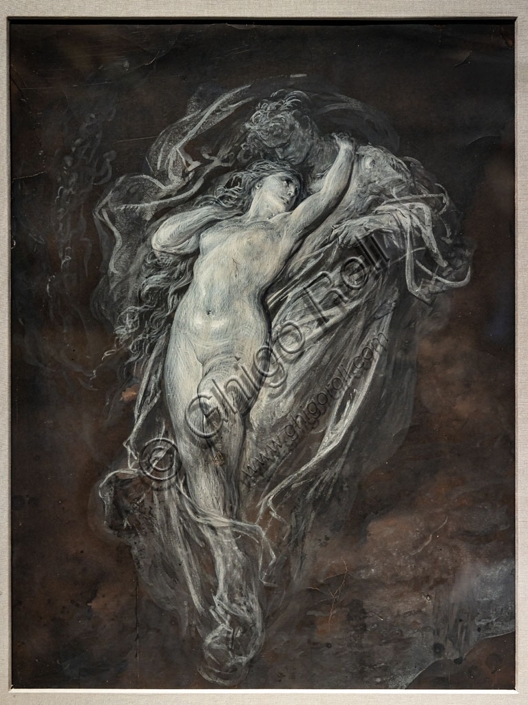 Paolo and Francesca da Rimini in Hell, artwork by Gustave Doré on brown paper