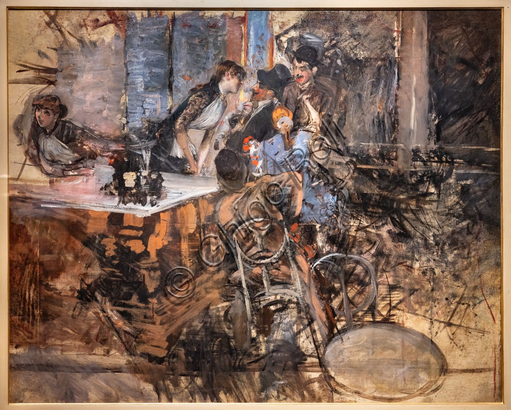 Painting The Bar at the Folies Bergère by Giovanni Boldini, oil on canvas artwork from 1879-85