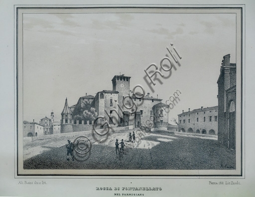 Incisione ottocentesca antica che rappresenta la fortezza Rocca Sanvitale di Fontanellato, Parma