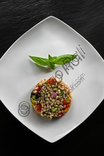 Fotografia di una porzione di insalata di farro con pomodori ciliegino, foglie di basilico fresco e olive nere in una ciotola bianca.