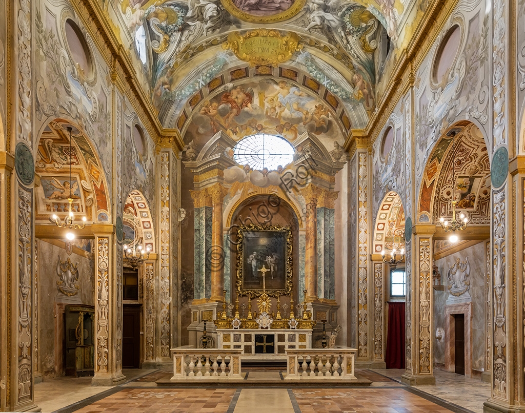 Frescoed interior of the Church of Nunziatina in Todi with its Baroque main altar