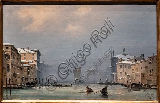 Dipinto Neve e nebbia sul Canale Grande di Ippolito Caffi, olio su tela 1849, paesaggio invernale di Venezia