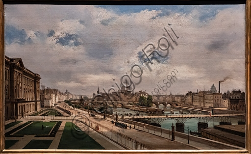 Veduta di Parigi dal Palazzo del Louvre, dipinto ad olio su cartoncino di Ippolito Caffi, 1855