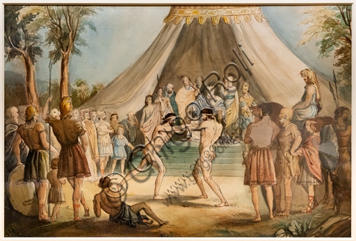 Watercolour The Wrestlers by John Everett Millais, 1840-41, detail of the composition