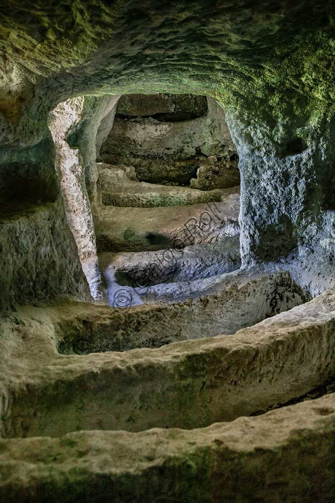 Panoramic view of the ancient latomiae, the prisons within quarries, at the Akrai archaeological site in Palazzolo Acreide, Sicily