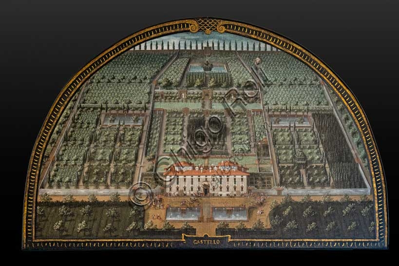 Painted lunette by Giusto Utens depicting the Medici Villa Castello near Florence, idyllic aerial view