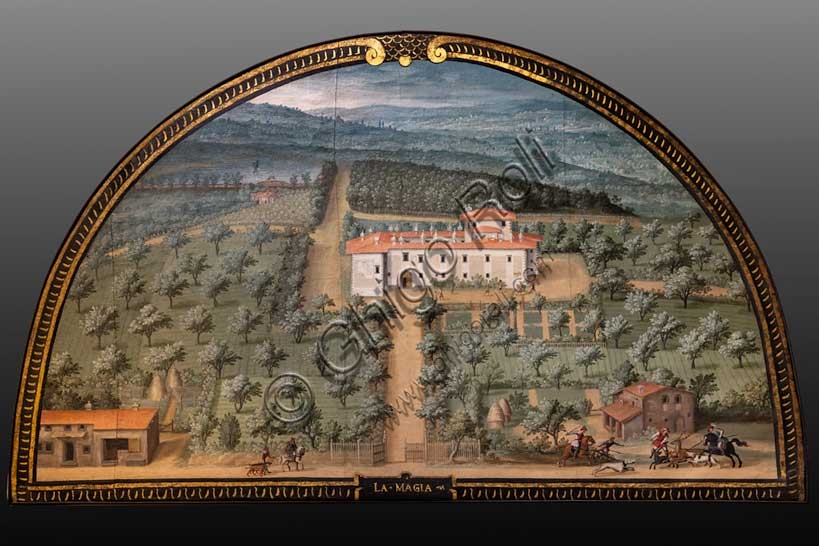 Lunetta dipinta da Giusto Utens raffigurante la Villa Medicea La Magia a Quarrata, veduta aerea idilliaca, 1599-1602
