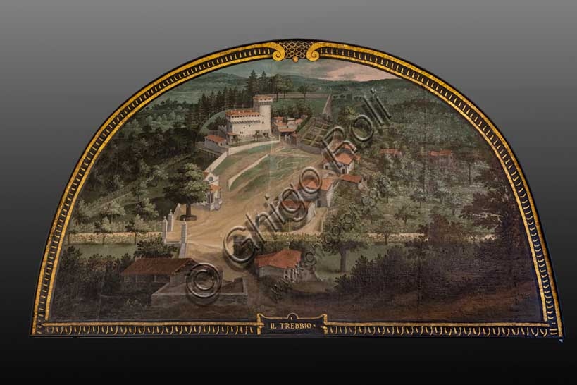 Dettaglio della lunetta dipinta 'Il Trebbio' raffigurante la villa medicea, opera di Giusto Utens conservata a Firenze
