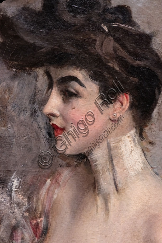 Dettaglio del volto e dei capelli di Madame X nel ritratto di Giovanni Boldini, 1904