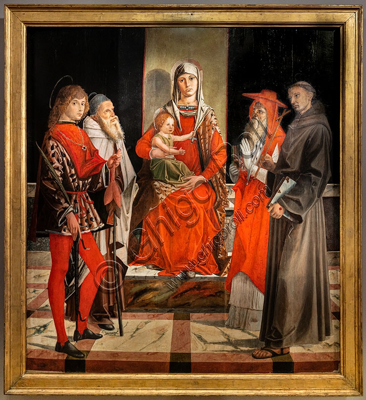 Dipinto Madonna in trono con Bambino e santi Ansano, Antonio Abate, Girolamo e Francesco di Bartolomeo Montagna