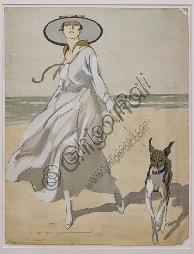 Art print by Marcello Dudovich: elegant woman on beach with greyhound, illustration for Simplicissimus cover