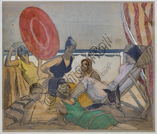 Detail of the painting Holiday at the Seaside by Marcello Dudovich, seaside scene with figures in tempera and pencil