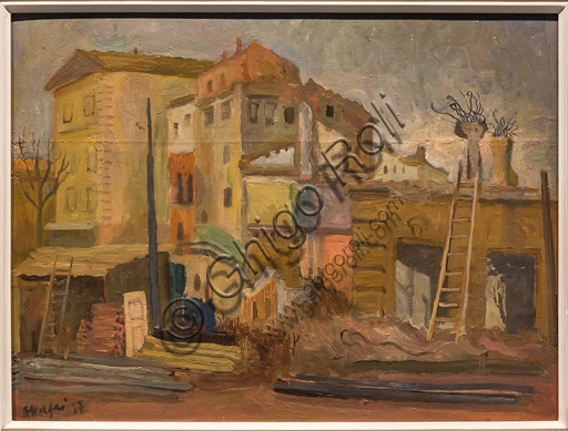 Painting "Demolitions" by Mario Mafai, 1937, oil on canvas, exhibited at the Museo del Novecento in Florence, Italy