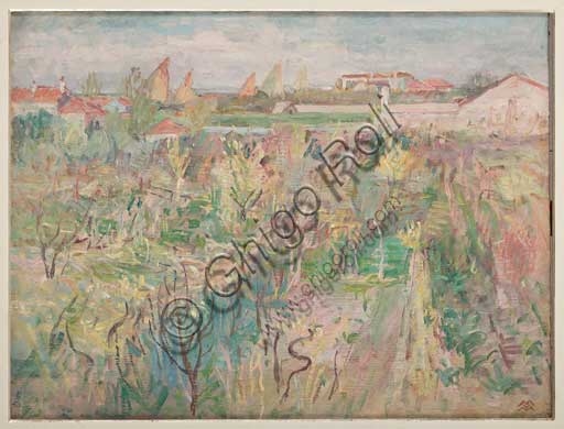 Oil on canvas painting Burci in Mazzorbo by Mario Vellani Marchi, Venetian lagoon landscape
