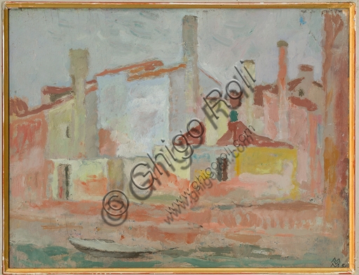 Dipinto Case in Rio Giudecca di Mario Vellani Marchi, olio su compensato, veduta di Venezia