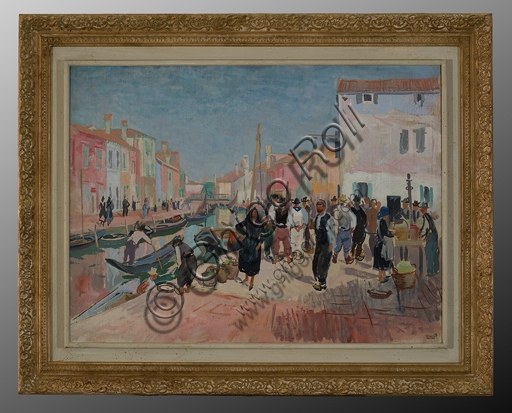 Dipinto 'Burano' di Mario Vellani Marchi, olio su tela che ritrae il paesaggio dell'isola veneziana
