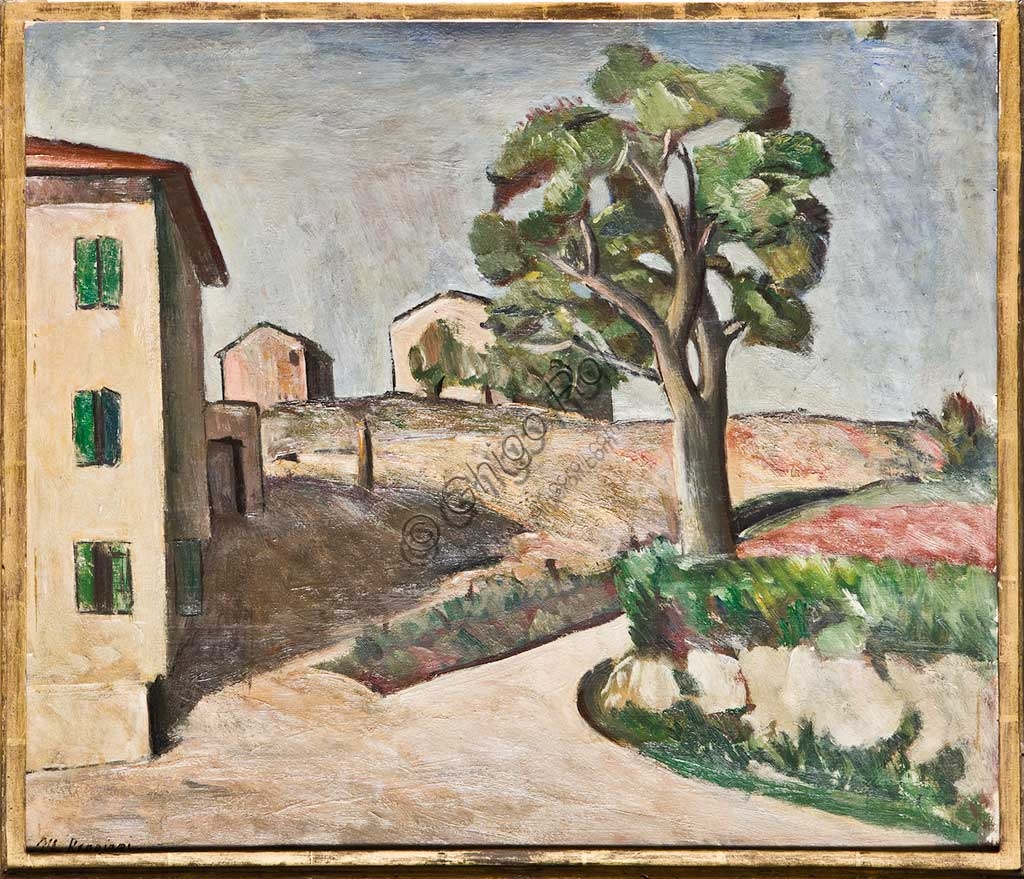 Dipinto Case di Mauro Reggiani, Collezione Assicoop Unipol, dettaglio opera d'arte moderna