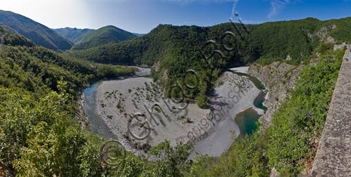 Aerial view of the River Trebbia meanders winding through the Trebbia Valley landscape, Italy.