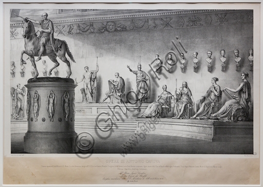 Litografia di Michele Fanoli del 1844 che raffigura un pantheon architettonico con ritratti e sculture di Antonio Canova