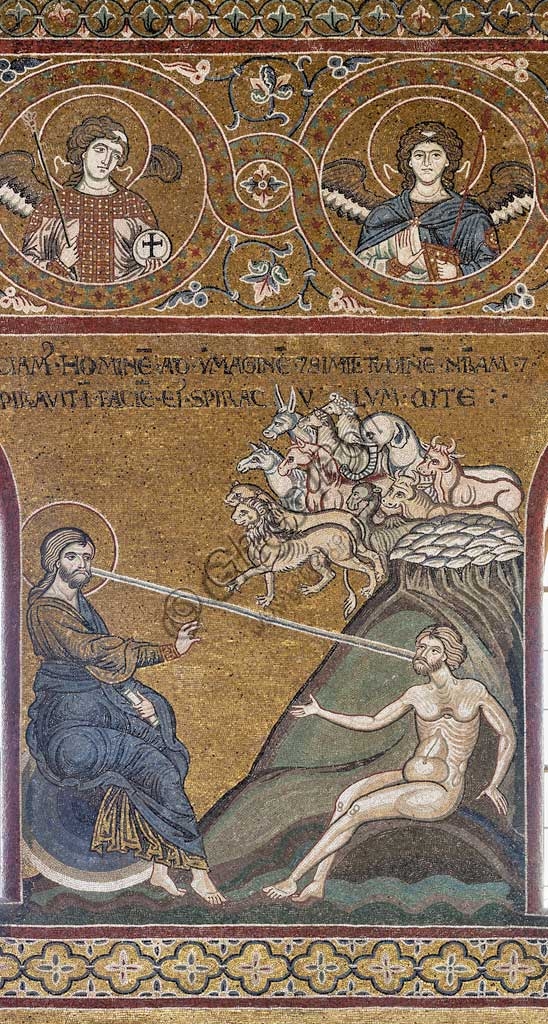 Byzantine mosaic of the Creation of Man, Monreale Cathedral, Sicily, detail of the Old Testament cycle