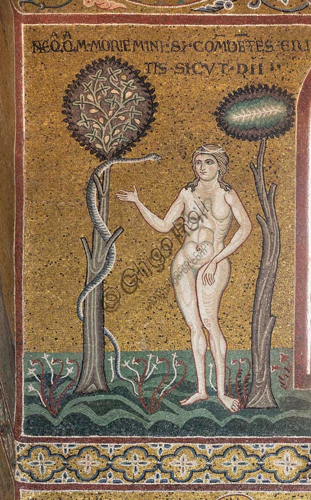 Dettaglio mosaico bizantino Eva e il serpente, Duomo di Monreale Palermo Sicilia