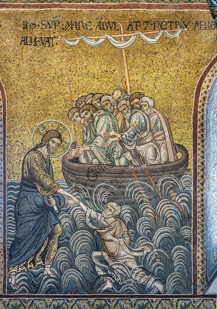 Byzantine mosaic in Monreale Cathedral depicting Jesus Christ rescuing Saint Peter from the sea waves, 12th-13th century.