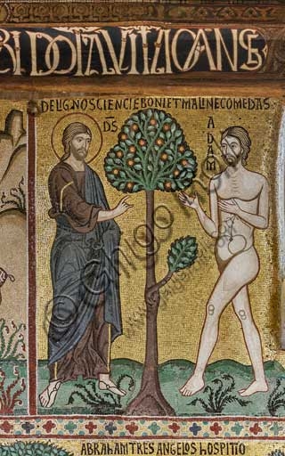 Byzantine mosaic God introduces Adam into the Garden of Eden, Palatine Chapel, Palazzo dei Normanni, Palermo
