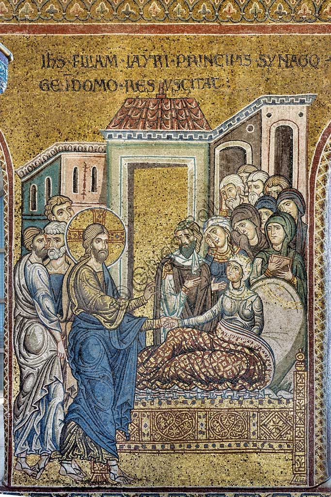 Byzantine mosaic Jesus raises Jairus daughter, Monreale Cathedral Sicily