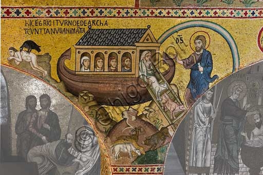 Dettaglio del mosaico bizantino raffigurante Noè che fa sbarcare gli animali dall'Arca, Cappella Palatina, Palazzo dei Normanni, Palermo, XII secolo.