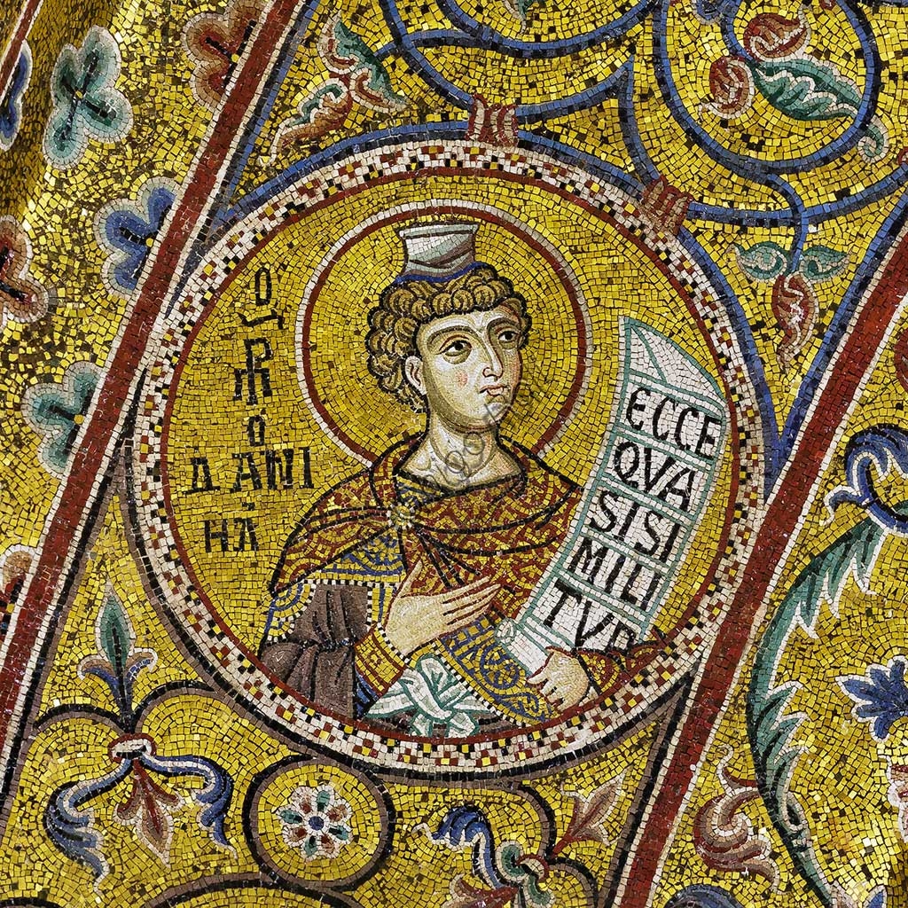 Byzantine mosaic of Prophet Daniel, detail of the apsidal arch in Monreale Cathedral near Palermo