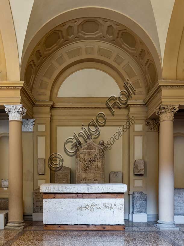 View of the atrium of the Archaeological Museum of Bologna with the Roman Sarcophagus of Beleius
