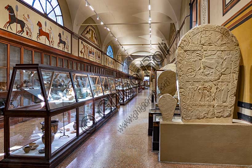 View of Room 101 displaying artifacts from the Etruscan necropolis of Bologna, Archaeological Museum