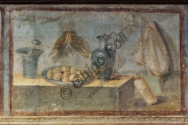 Roman fresco depicting a still life with eggs, jug and other objects, Fourth Style, Pompeii, 1st century AD.