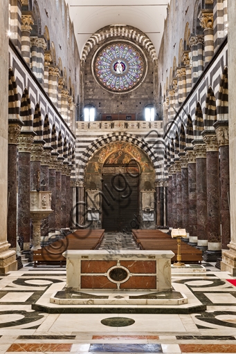 Perspective view of the nave inside Genoa Cathedral (St. Lawrence Cathedral), looking west from the chancel