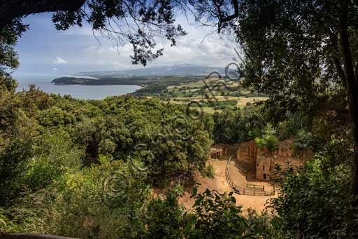 Panoramic view of the Necropolis of the Quarries (Via delle Cave) in the Baratti and Populonia Archaeological Park, with the Baratti Gulf in the background.