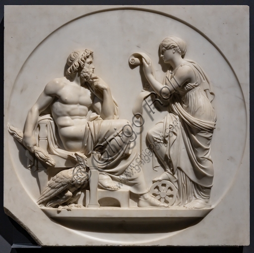Marble sculpture by Bertel Thorvaldsen: Nemesis recites the deeds of men to Jupiter