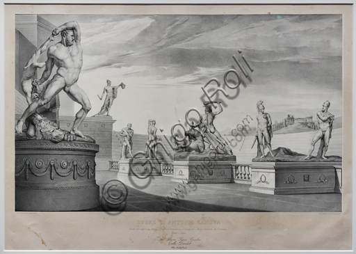 Litografia di Michele Fanoli del 1842 che raffigura le sculture di Antonio Canova all'interno di un'arena, stampa su carta velina.