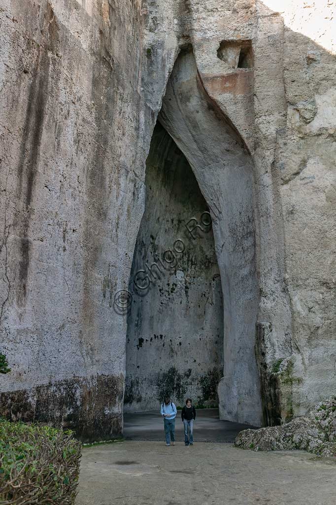 Entrance to the Ear of Dionysius in the Archaeological Park of the Neapolis of Syracuse, artificial cave with extraordinary acoustics.