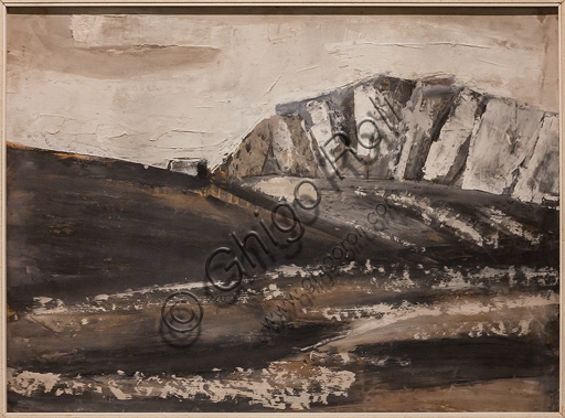 Dolomiti Landscape painting by Mario Sironi, tempera on hardboard from 1934 displayed at the Museo Novecento in Florence