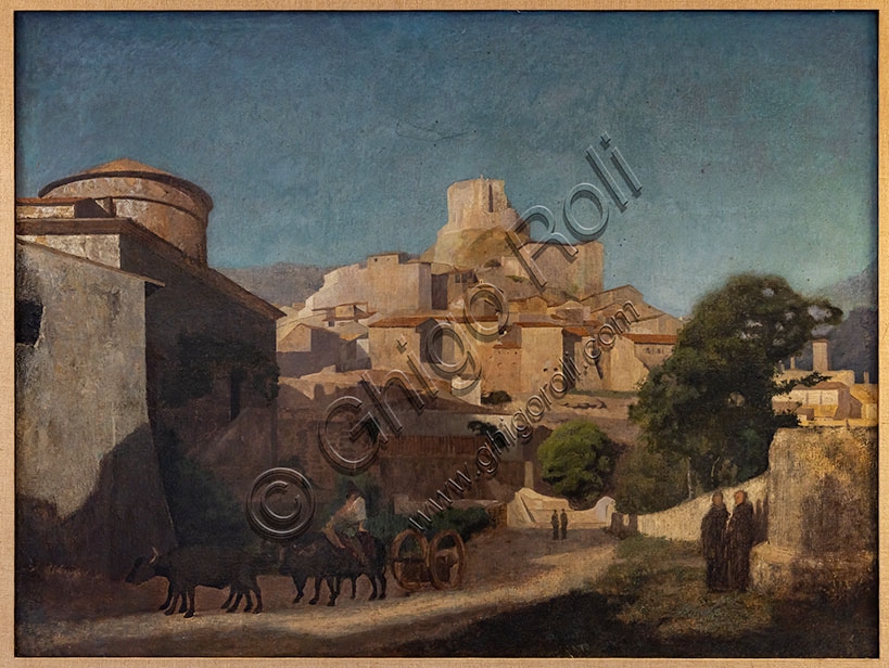 Dipinto olio su tela 'Paese laziale' attribuito al pittore Camille Corot, paesaggio della campagna romana