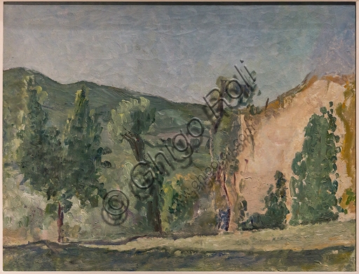 Landscape painting by Osvaldo Licini, 1928, oil on canvas, exhibited at the Museo Novecento Florence