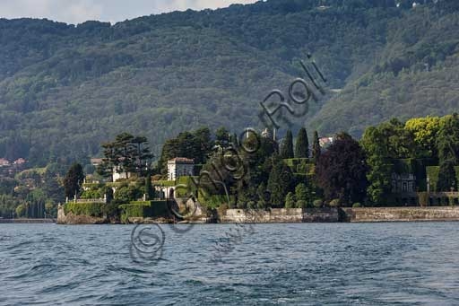 Aerial view of the Borromeo Palace and terraced gardens of Isola Bella on Lake Maggiore