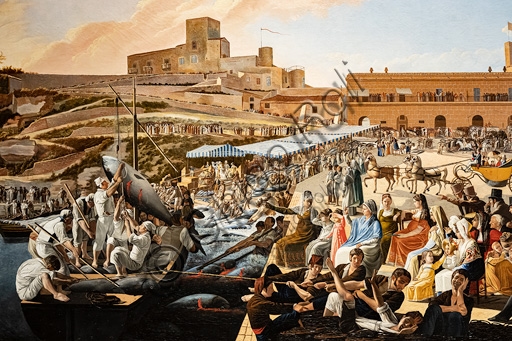 Paolo Albertis, La mattanza dei tonni a Solanto alla presenza dei reali, olio su tela 1819, scena di pesca storica siciliana