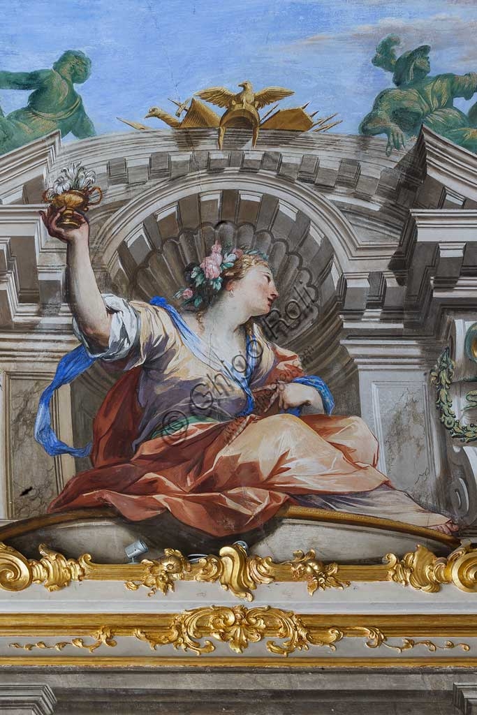 Detail fresco Allegory of the Fame and Allegorical Figures, vault Hall of the Fame, Royal Palace Genoa