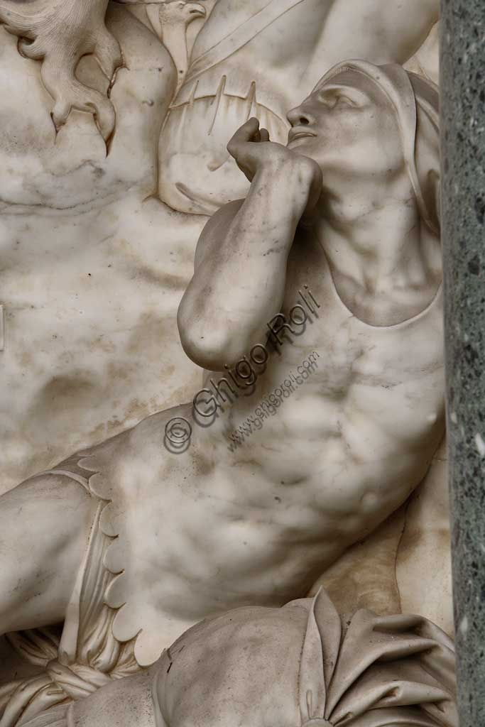 Detail of white marble high-relief: Resurrection with St. Pius V praying, Church of Santa Croce, Giovanni Antonio Buzzi design