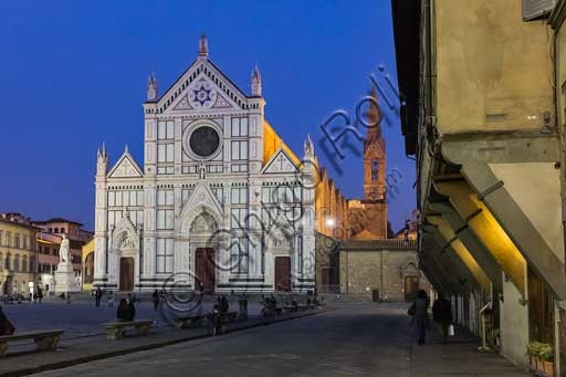 Panoramic view of Piazza Santa Croce with the neo-Gothic facade of the Basilica in Florence, Tuscany