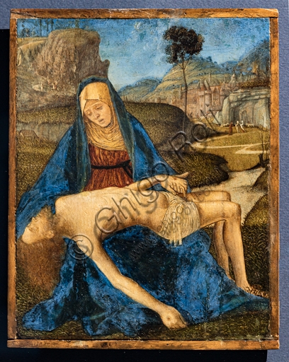 Pietà di Vittore Carpaccio, 1485, tempera su tavola, dettaglio del volto della Madonna.