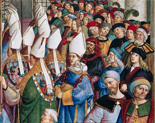 Dettaglio affresco Pinturicchio: corteo cardinali tra folla laica, Duomo di Siena, Libreria Piccolomini
